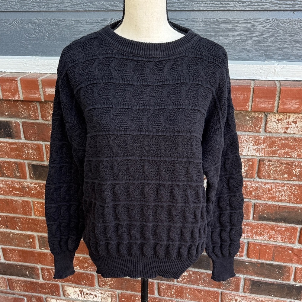 Vintage Saks Fifth Avenue Black Cotton Cable Knit Sweater Men's M Textured